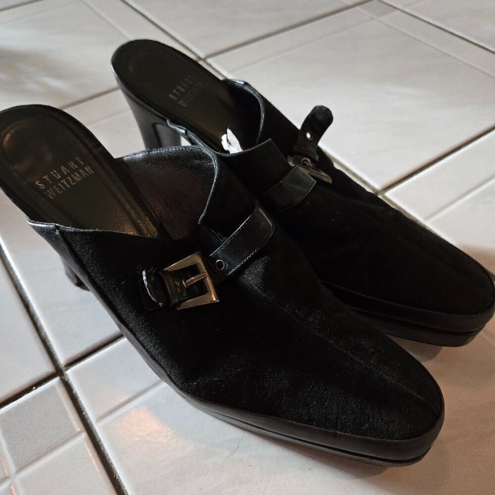 Stuart Weitzman Suede Buckle Slip On Heels Black 8M